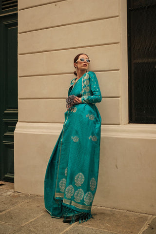 Teal Blue Pure Satin Zari Lining Handloom Weaving Saree_Kumari Sarees