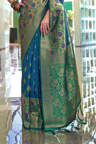Teal Blue & Green Self Contrast Chaap Handloom Weaving Saree_Kumari Sarees