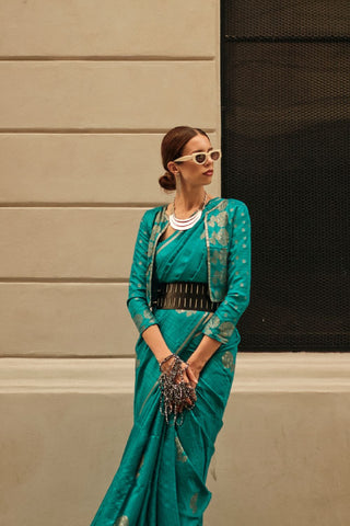 Teal Blue Pure Satin Zari Lining Handloom Weaving Saree_Kumari Sarees