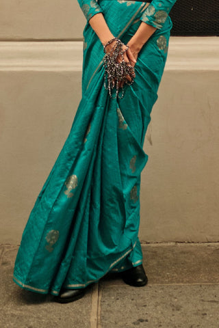 Teal Blue Pure Satin Zari Lining Handloom Weaving Saree_Kumari Sarees