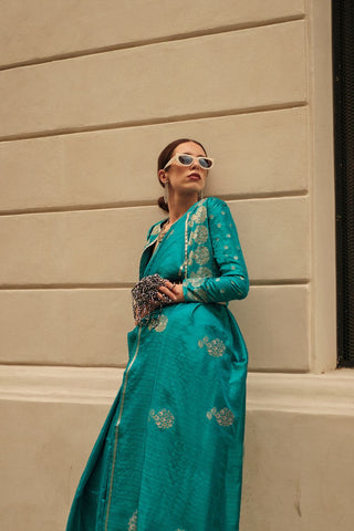 Teal Blue Pure Satin Zari Lining Handloom Weaving Saree_Kumari Sarees