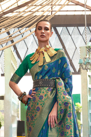 Teal Blue & Green Self Contrast Chaap Handloom Weaving Saree_Kumari Sarees