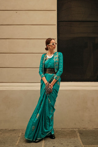 Teal Blue Pure Satin Zari Lining Handloom Weaving Saree_Kumari Sarees