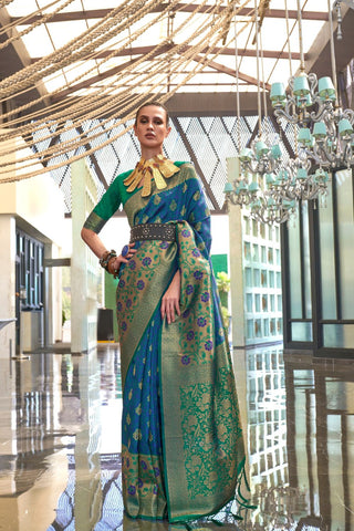 Teal Blue & Green Self Contrast Chaap Handloom Weaving Saree_Kumari Sarees