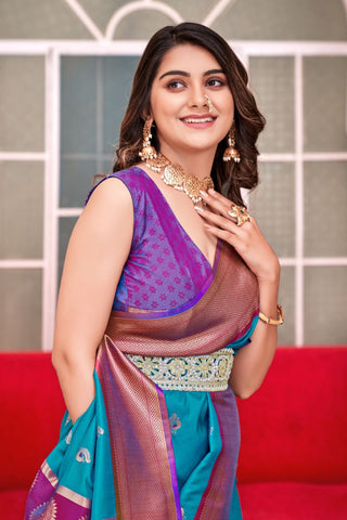 Teal Blue Soft Peshwai Paithani Silk Saree_Kumari Sarees
