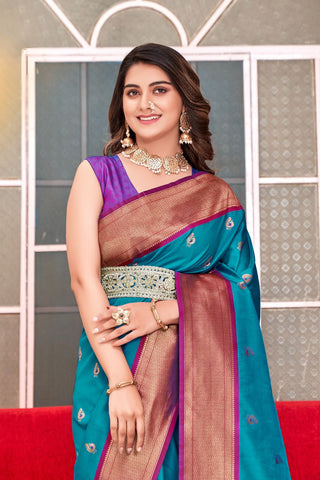 Teal Blue Soft Peshwai Paithani Silk Saree_Kumari Sarees