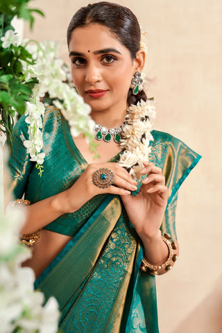 Teal Blue Pure Dharmavaram Silk Saree With Zari Weaving_Kumari Sarees