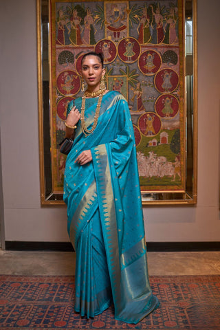Teal Blue Handloom Weaving Silk Saree_Kumari Sarees