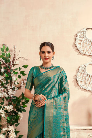 Teal Blue Pure Dharmavaram Silk Saree With Zari Weaving_Kumari Sarees