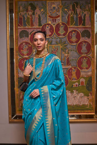 Teal Blue Handloom Weaving Silk Saree_Kumari Sarees