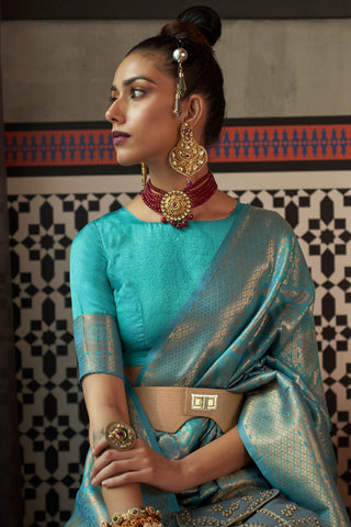 TEAL BLUE KANJEEVARAM HANDLOOM SILK SAREE