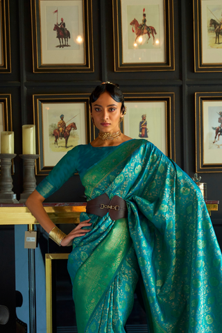 Teal Green Pure Chaap  Handloom Weaving Silk Saree_Kumari Sarees