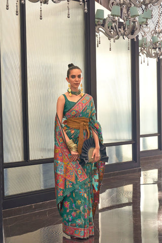 Teal Green Kashmiri Modal Handloom Weaving Saree_Kumari Sarees