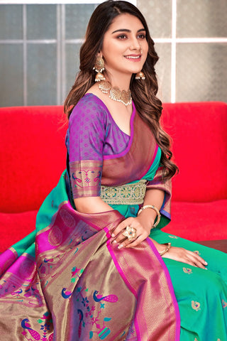 Teal Green soft Peshwai Paithani Silk Saree_Kumari Sarees