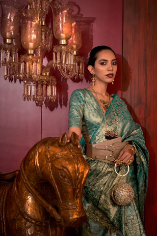 Teal Green Zari Basi Handloom Weaving Silk Saree_Kumari Sarees