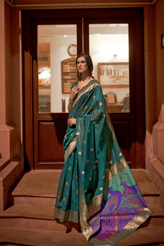 Teal Green Modal Handloom Weaving Saree_Kumari Sarees