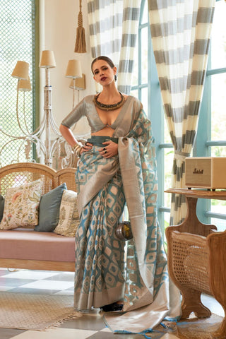 Teal Green Tissue Zari Handloom Weaving Saree_Kumari Sarees