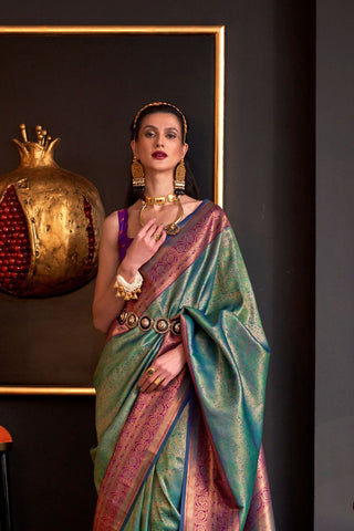 Teal Green Handloom Weaving Silk Saree_Kumari Sarees