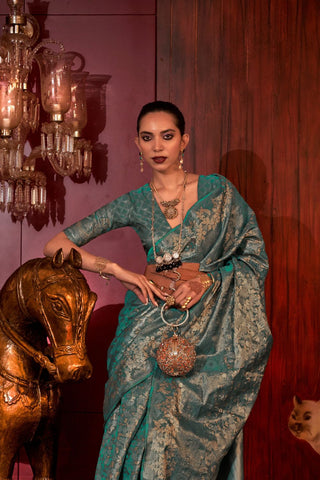 Teal Green Zari Basi Handloom Weaving Silk Saree_Kumari Sarees