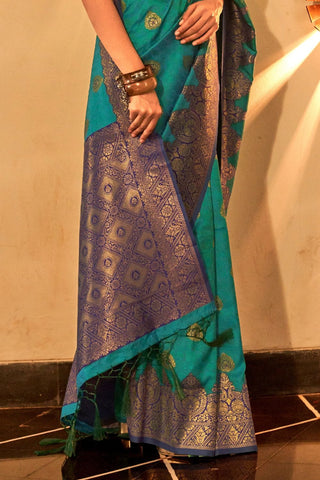Teal Green Chaap Handloom Weaving Silk Saree_Kumari Sarees