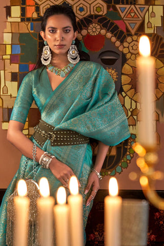 Teal Green Nylon Two Tone Zari Handloom Weaving Silk Saree_Kumari Sarees