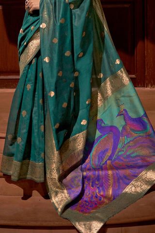 Teal Green Modal Handloom Weaving Saree_Kumari Sarees
