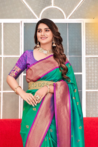 Teal Green soft Peshwai Paithani Silk Saree_Kumari Sarees