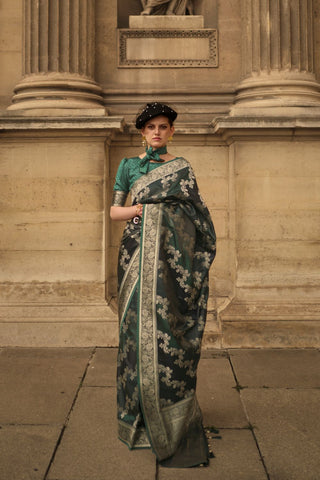 Teal Green Rangkat Satin Handloom Weaving Silk Saree_Kumari Sarees