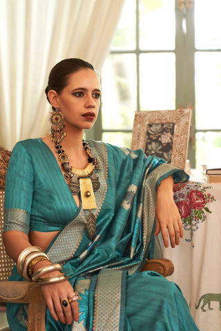 Teal Green Handloom Weaving Silk Zari Saree_Kumari Sarees