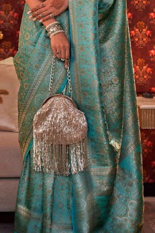 Teal Green Nylon Two Tone Zari Handloom Weaving Silk Saree_Kumari Sarees