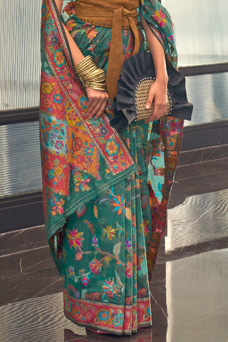 Teal Green Kashmiri Modal Handloom Weaving Saree_Kumari Sarees