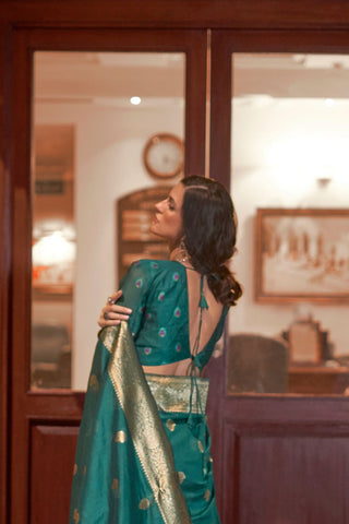 Teal Green Modal Handloom Weaving Saree_Kumari Sarees