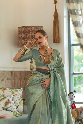 Teal Green Satin Tissue Nylon Handloom Weaving Saree_kumari Sarees