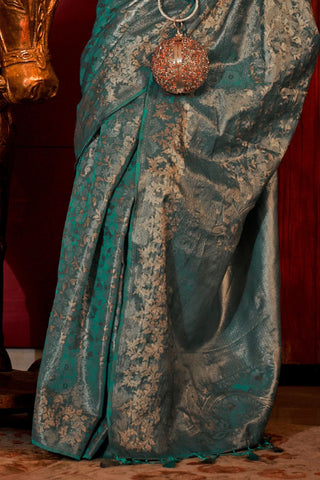 Teal Green Zari Basi Handloom Weaving Silk Saree_Kumari Sarees