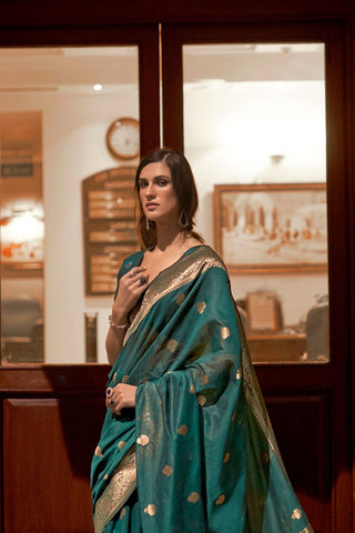 Teal Green Modal Handloom Weaving Saree_Kumari Sarees