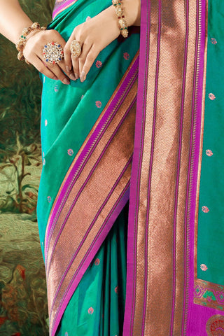 Teal Green Soft Peshwai Paithani Silk Saree_Kumari Sarees