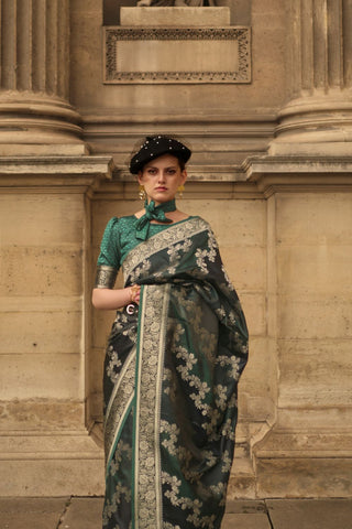 Teal Green Rangkat Satin Handloom Weaving Silk Saree_Kumari Sarees