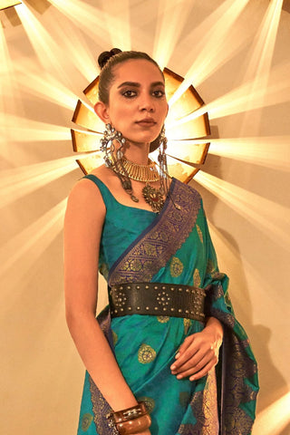 Teal Green Chaap Handloom Weaving Silk Saree_Kumari Sarees