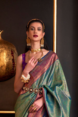 Teal Green Handloom Weaving Silk Saree_Kumari Sarees