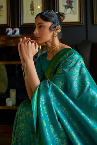 Teal Green Pure Chaap  Handloom Weaving Silk Saree_Kumari Sarees