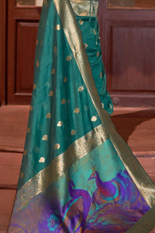 Teal Green Modal Handloom Weaving Saree_Kumari Sarees
