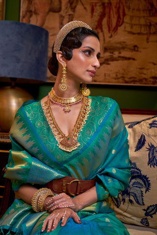 Teal Green Handloom Weaving Silk Saree_Kumari Sarees