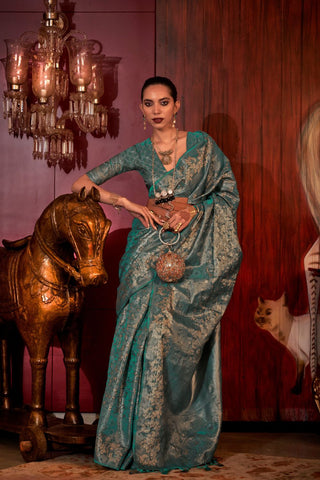 Teal Green Zari Basi Handloom Weaving Silk Saree_Kumari Sarees