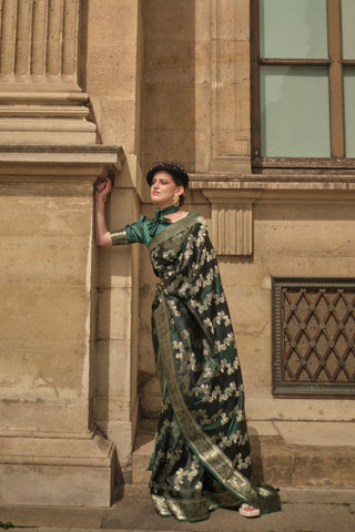 Teal Green Rangkat Satin Handloom Weaving Silk Saree_Kumari Sarees
