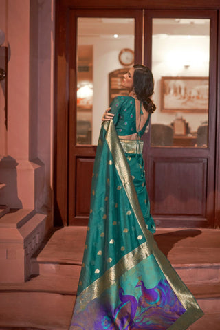 Teal Green Modal Handloom Weaving Saree_Kumari Sarees