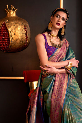 Teal Green Handloom Weaving Silk Saree_Kumari Sarees