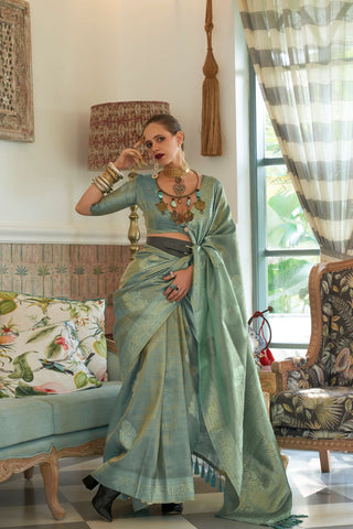 Teal Green Satin Tissue Nylon Handloom Weaving Saree_kumari Sarees
