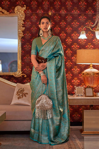Teal Green Nylon Two Tone Zari Handloom Weaving Silk Saree_Kumari Sarees