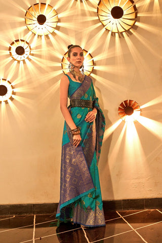 Teal Green Chaap Handloom Weaving Silk Saree_Kumari Sarees