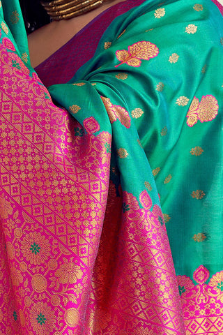 TEAL GREEN & PINK SOFT SILK SAREE